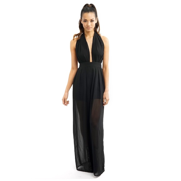 Style Link Miami Pants - Black Long Sheer Halter Top Jumpsuit